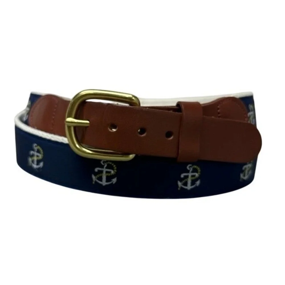 Leather Man Ltd Mens Anchor Nautical Surcingle Belt Navy Brown Size 44 Brass